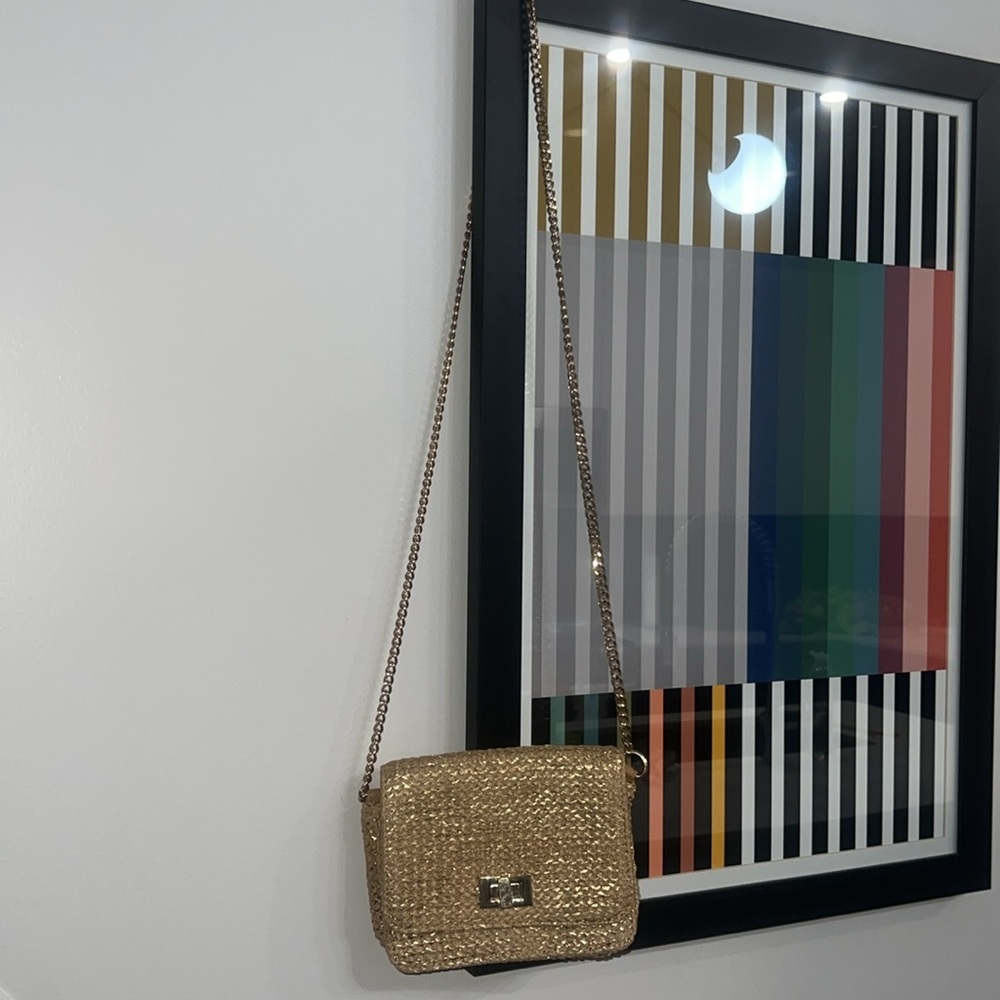 Mini Woven Crossbody Bag! Chain Link Strap. Turn Lock Closure. Metallic Gold - Picture 5 of 15